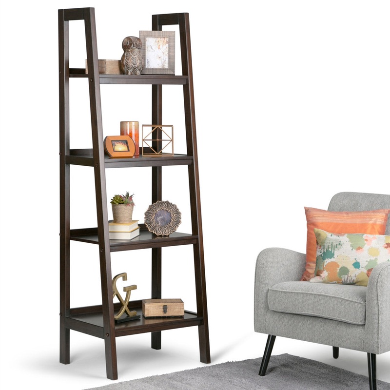 Sawhorse 72″ H x 24″ W Solid Wood Ladder Bookcase Simpli Home Color: Dark Chestnut Brown